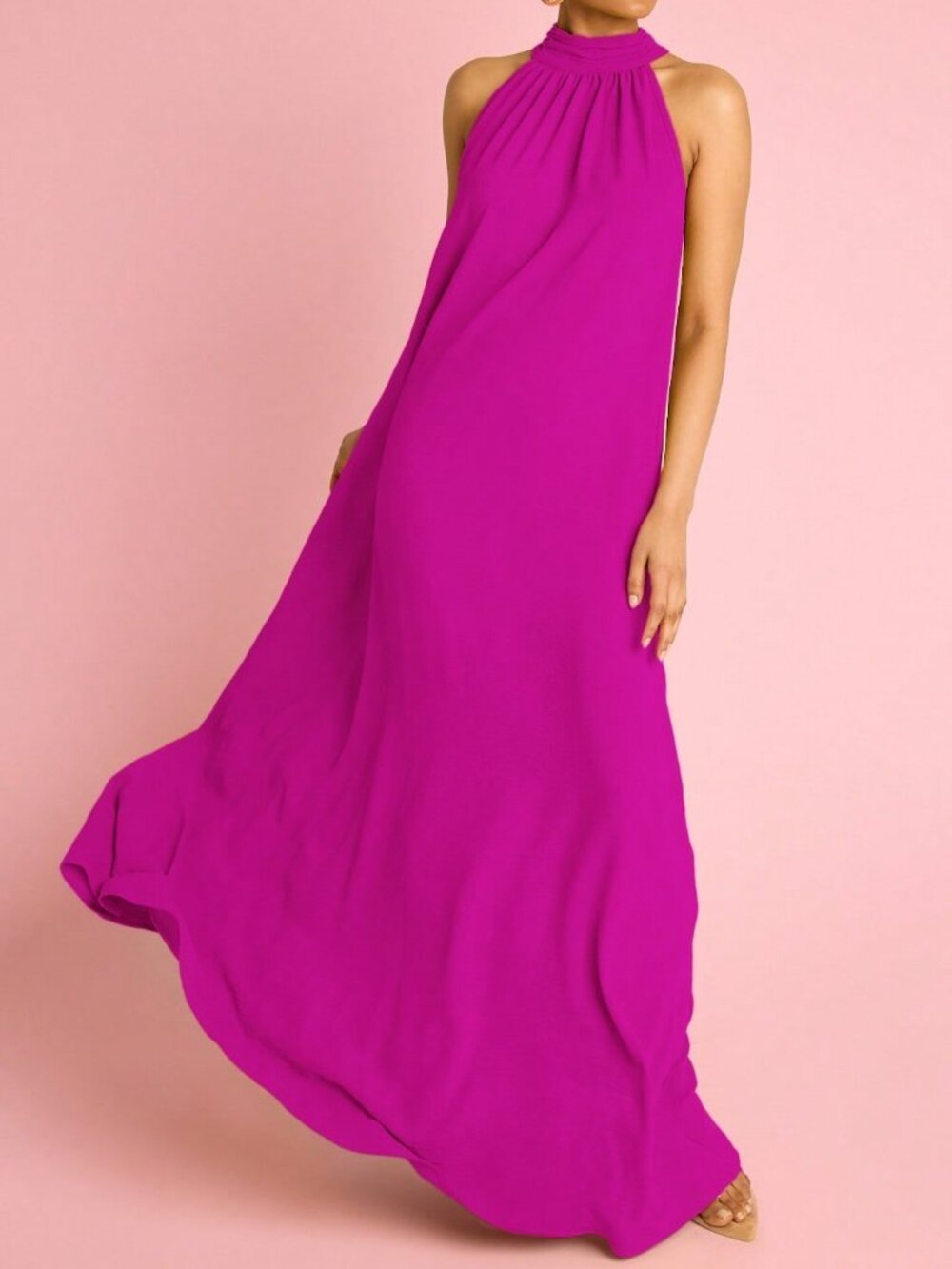 Hot Pink Elegant Women's Halter neck Statement Flowing Maxi Vacation Outfit